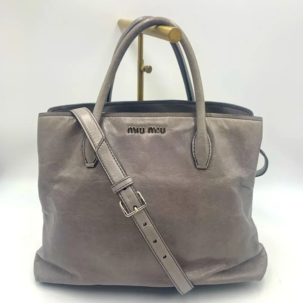 Authentic Miu Miu Vitello Shine Peltro Gray Leather 2way Satchel Preloved